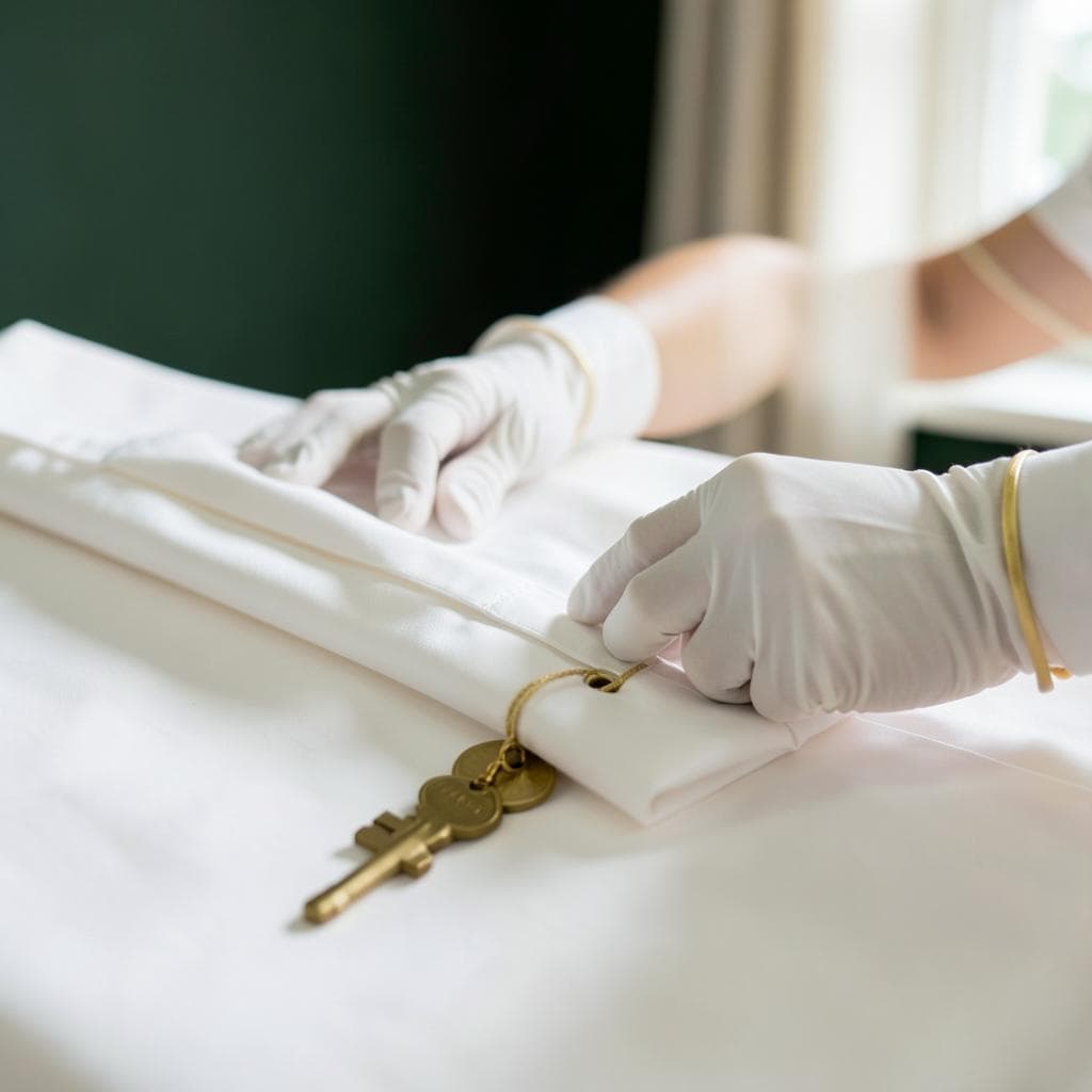 A Meridian housekeeper carefully preparing bed linen beside a set of brass keys