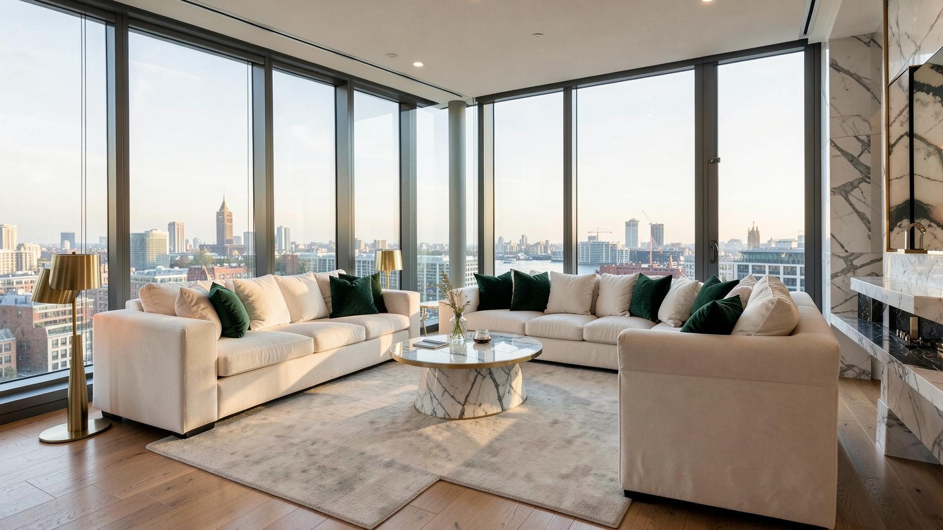 An immaculate Canary Wharf apartment living room prepared by Meridian