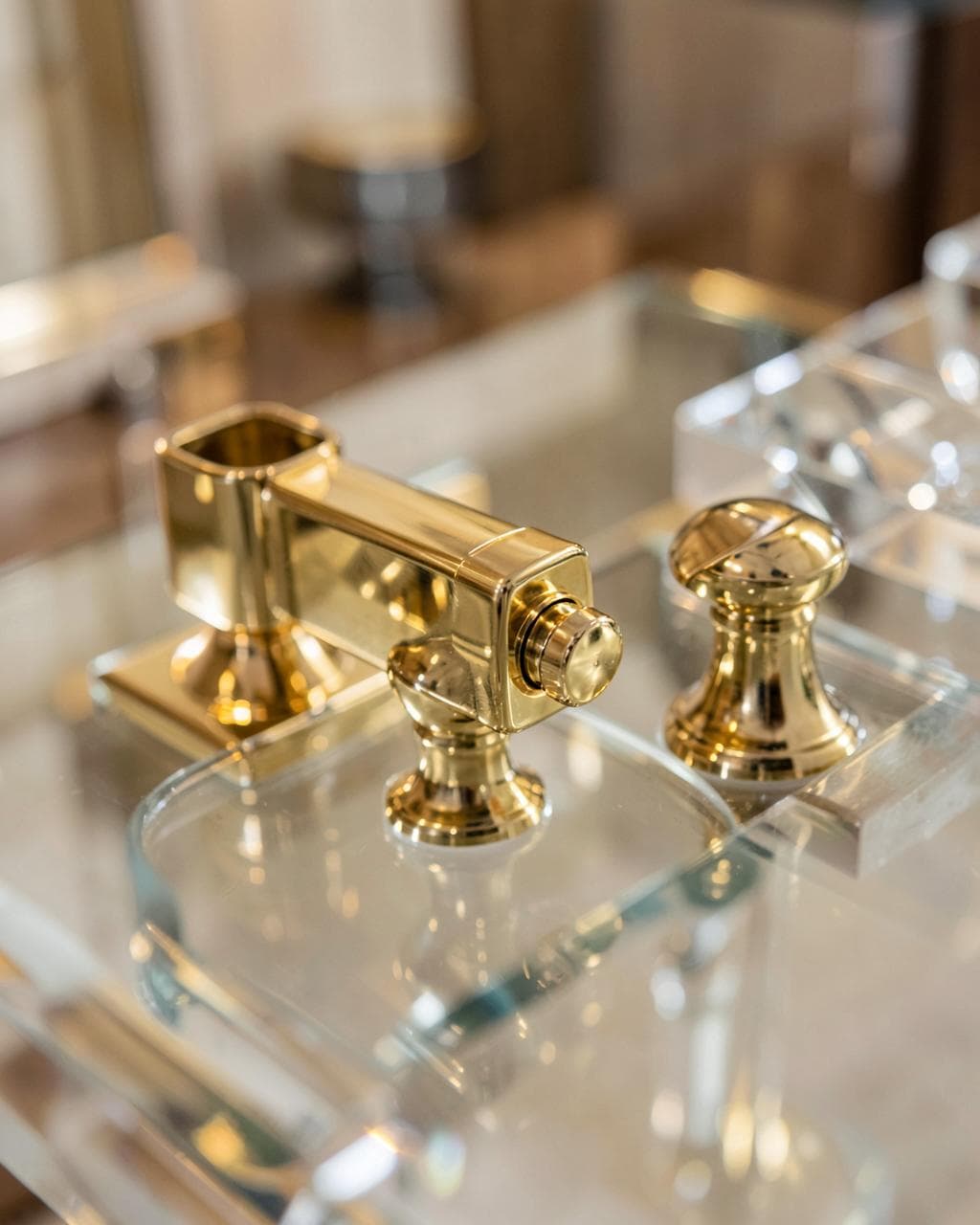 Polished brass fixtures and crystal-clear glass, gleaming in warm light